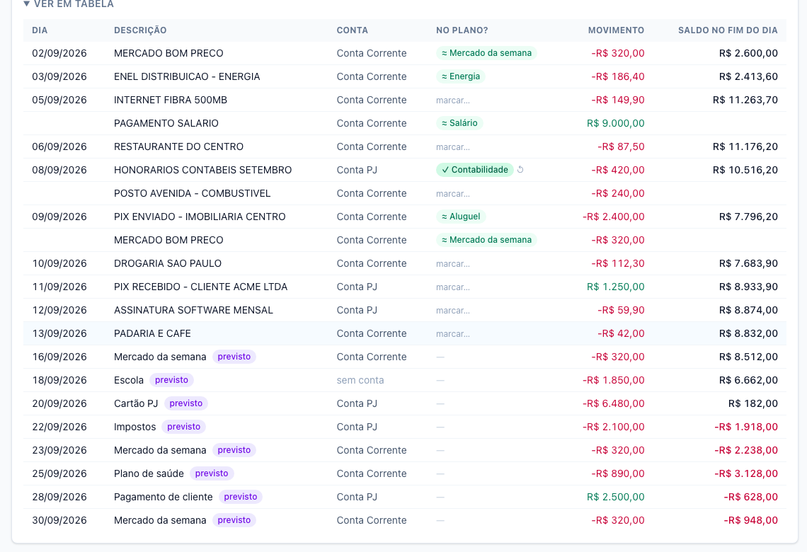 The cash flow table, showing which transactions matched a planned entry